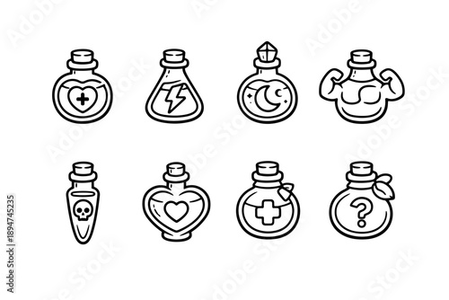 Black and white line icons of fantasy potion bottles with symbols including health, lightning, moon, strength, poison, love, healing, and mystery