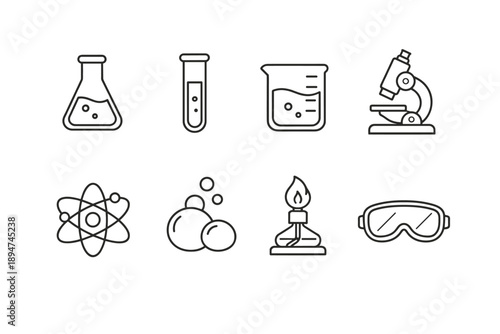 Minimal line icons of laboratory science equipment including flask, test tube, beaker, microscope, atom symbol, bubbles, burner, and safety goggles
