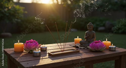Tranquil garden altar with Buddha statue, candles, and incense sticks  