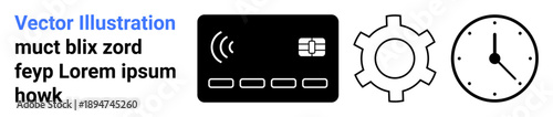 Contactless payment card, gear, and clock illustrating cashless transactions, process automation, and time optimization. Ideal for fintech, workflow, time tracking, digital apps business strategy