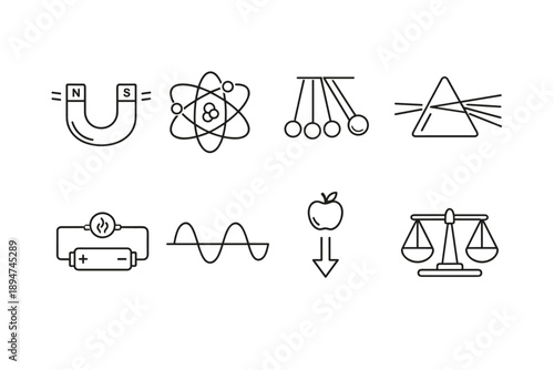Minimal line icons of physics concepts including magnet, atom, pendulum, prism, electric circuit, sine wave, gravity, and balance scale