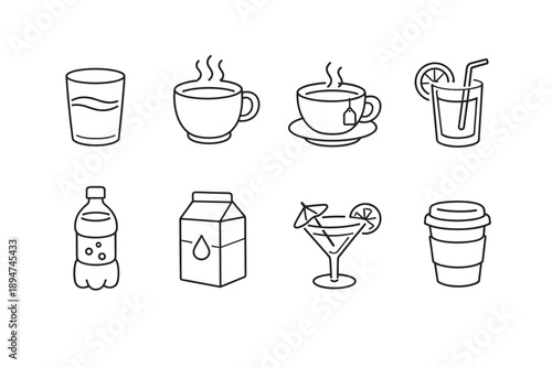 Minimal line-art beverage icons set showing water glass, steaming cups, bottled drink, carton, cocktail martini, and takeout cup collection