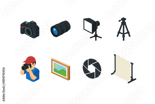 Isometric photography equipment icons set featuring camera, lens, studio light, tripod, photographer, framed photo, aperture symbol, and backdrop