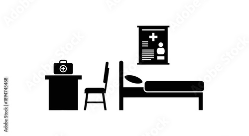 Medical room illustration with bed and first aid kit.