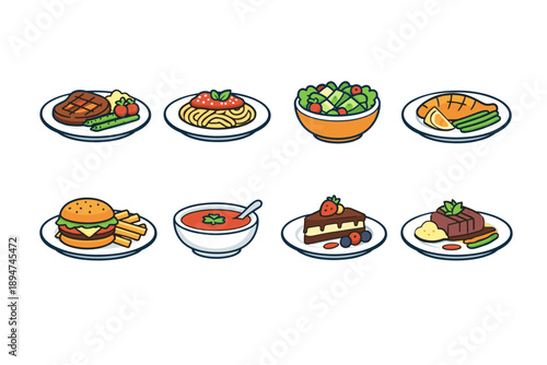 Assorted restaurant meal icons set featuring steak, pasta, salad, chicken, burger with fries, soup, cake dessert, and plated meat with sides