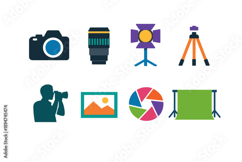 Flat design photography and studio equipment icons including camera, lens, light, tripod, photographer silhouette, image frame, aperture, and backdrop