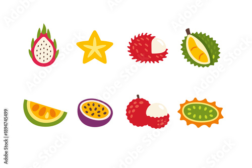 Colorful flat vector set of tropical fruits including dragonfruit, starfruit, rambutan, durian, melon, passionfruit, lychee and bittermelon