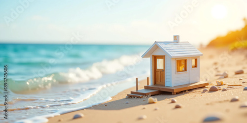 Miniature Beach House Concept on a Coastal Landscape Representing Seaside Living, Vacation Property, Real Estate Investment, Sustainable Lifestyle, and the Dream of a Relaxed Home by the Ocean