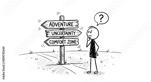 Man standing at a crossroads signpost with options for adventure uncertainty and comfort zone.