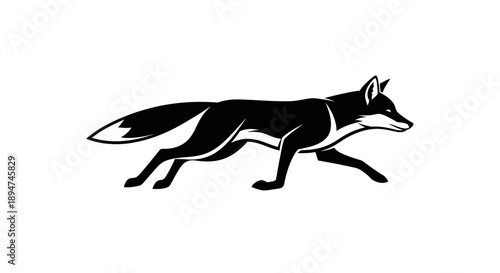 Black and white illustration of a fox running on a plain background.