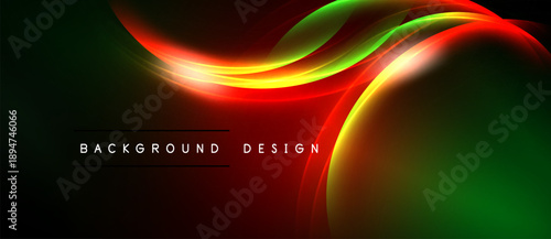 Abstract vibrant waves, red, green, yellow hues. Dynamic flowing lines create modern background design. Dark space emphasizes luminosity.