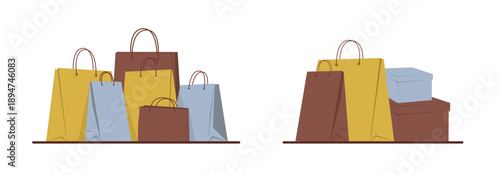 Vector illustration of colorful paper shopping bags and gift boxes on a surface. Perfect for themes related to shopping, retail, gifts, and online sales. Ideal for commercial use.