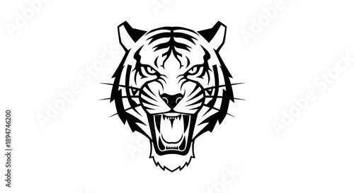 Black and white illustration of a tiger's head with an open mouth on a white background.