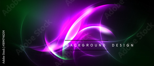 Abstract vibrant design features flowing neon curves, purple hues dominate with green accents against black backdrop. Modern, dynamic composition.