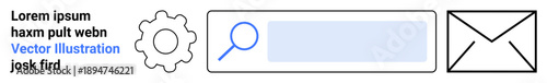 Digital communication, settings, email, search, technology, user interface. Gear, magnifying glass and envelope icons on a white background. Communication and settings visualization