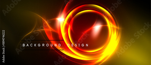 Bright abstract design features glowing circular shapes, vibrant orange, red hues. Dark background enhances luminosity, creating dynamic visual effect.