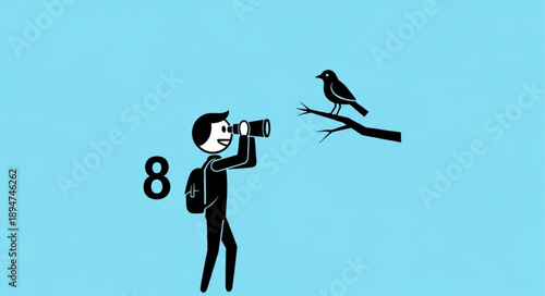 Man with binoculars observing a bird on a branch.