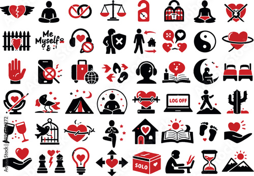 Conceptual Icons Set for Solitude, Self-Care, Mental Health and Digital Detox Wellness Symbols