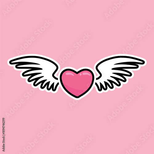 Pink heart with white wings. Set of cute love symbols. Heart tattoo. Pink and white color icons. Hearts for design. Love, romance vector icons. For gifts, Valentine's Day, birthday, party decor, cards