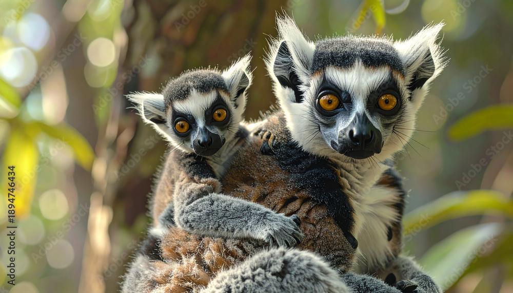 Fototapeta premium Ring-tailed lemur mother with baby riding on her back, wildlife family portrait in natural forest habitat.