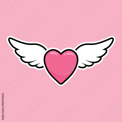 Pink heart with white wings. Set of cute love symbols. Heart tattoo. Pink and white color icons. Hearts for design. Love, romance vector icons. For gifts, Valentine's Day, birthday, party decor, cards