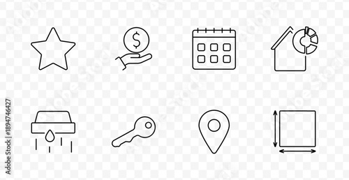 Property set icon. Star, money hand, calendar, house chart, drain, key, pin, square dimension outlined using thin black strokes on transparent background