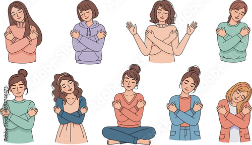 Women Self Love and Self Care Vector Set with Hugging Themselves, Confidence, Mental Wellness and Positive Cartoon Female Characters