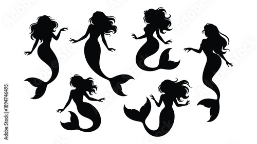 Silhouettes of mermaids in various poses Vector