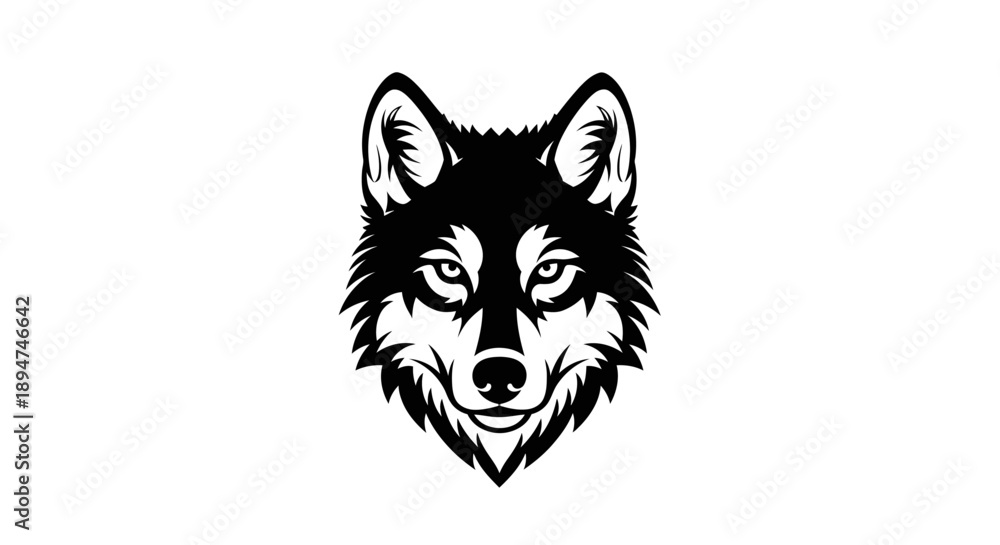 Obraz premium Black and white illustration of a wolf's head on a plain background.