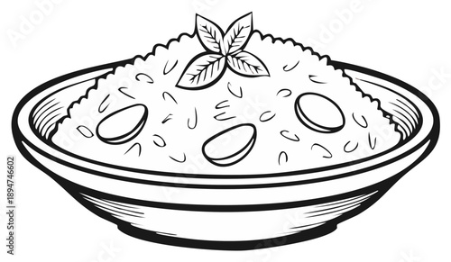 Risotto with almonds and basil in a bowl monochrome line art illustration