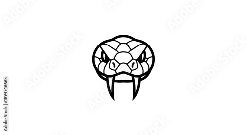 Illustration of a snake head with a scowling expression and fangs on a white background.