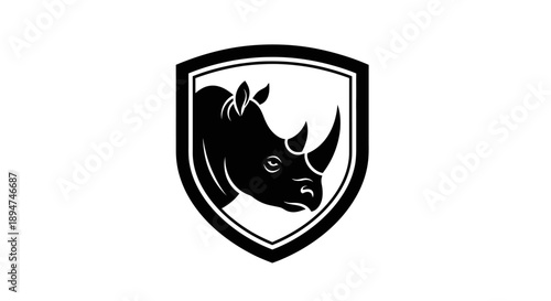 Black and white illustration of a rhinoceros head in a shield on a white background.