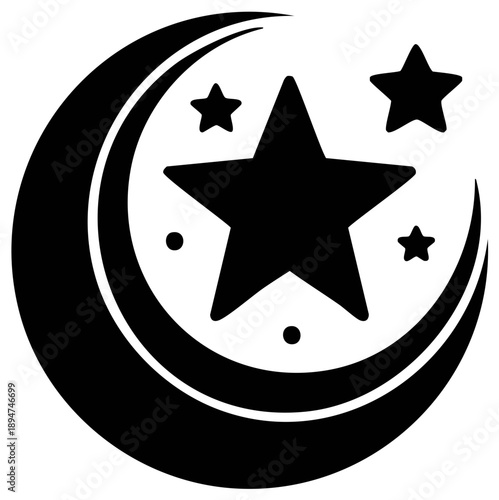 Crescent moon and stars graphic icon symbol representing night sky and celestial bodies