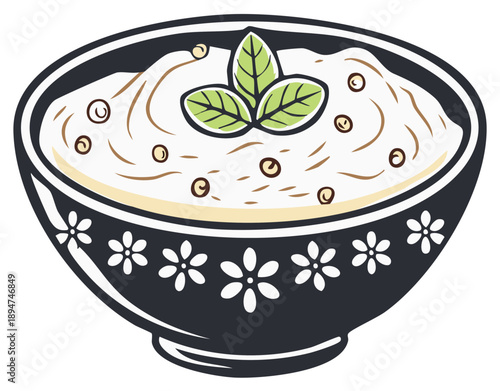 Cartoon illustration of a bowl of creamy mashed potatoes with garnish.