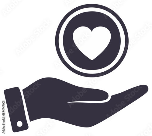 Stylized human hand presenting a heart icon symbolizing love care compassion and charity