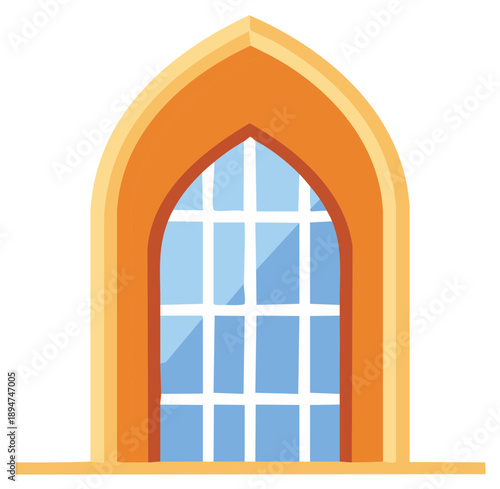 Gothic Arch Window with Blue Glass Panes and Orange Frame Illustration
