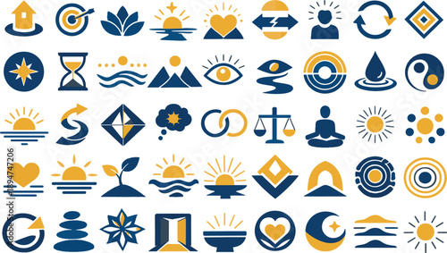 Spiritual Wellness and Mindfulness Icon Set with Nature Symbols, Meditation, Heart, and Geometric Balance Elements