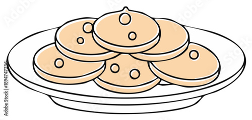 Stack of brown pancakes with holes, served on white plate, graphic design.