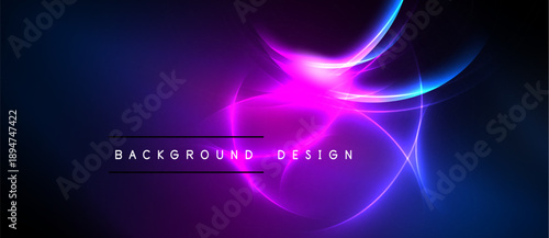 Abstract neon design. Vibrant blue, purple hues create dynamic energy. Background features flowing light curves, text overlay.