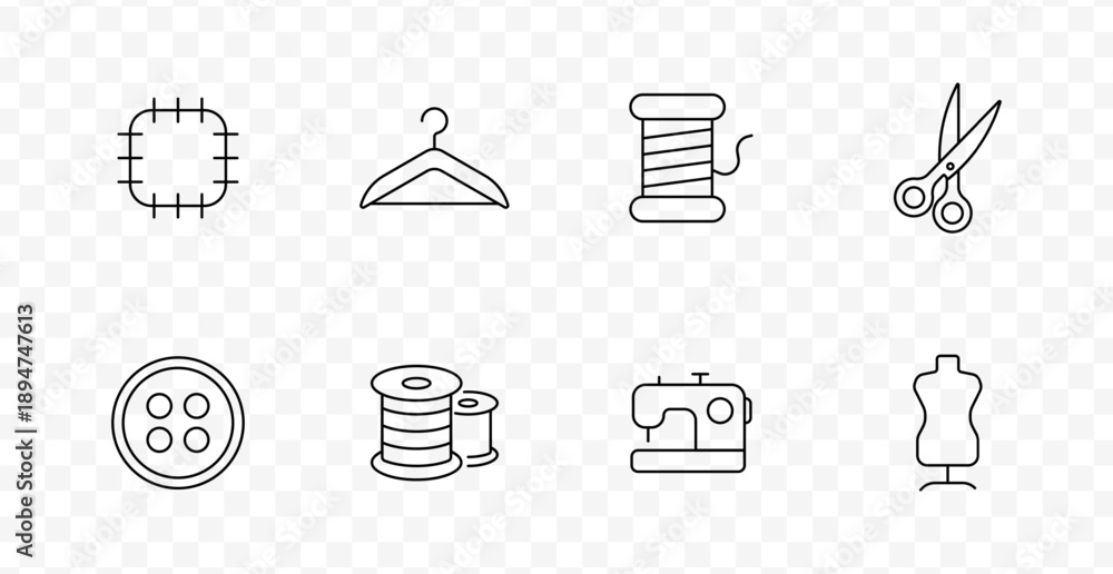 Fototapeta premium Sewing and tailoring set icon. Stitch frame, hanger, thread spool, scissors, button, bobbin, sewing machine, mannequin in clothing production line style.