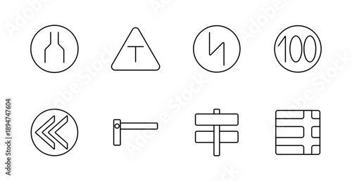Road sign set icon. Road narrowing, intersection, turn, speed limit, arrows, gate, direction sign, road scheme, traffic, navigation, driving guidance.