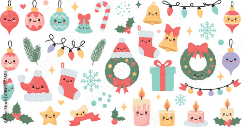 Cute Christmas Decorations Vector Set with Ornaments, Wreaths, Candles, Bells, Candy Canes, Lights, Snowflakes and Festive Holiday Icons