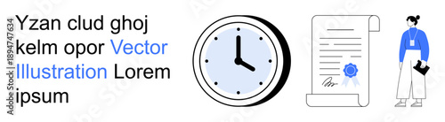 Time management, certifications, business planning, professionalism, training, official documents. Clock showing time, certified document professional figure. Time management and certifications
