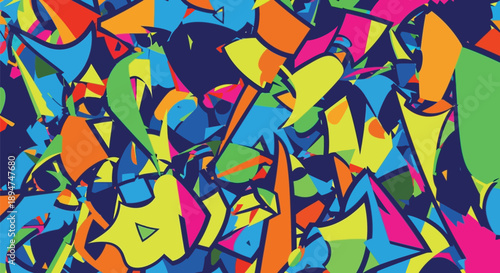 Vivid abstract seamless pattern featuring dynamic neon geometric shapes overlapping on a deep midnight blue background creating energetic visual texture