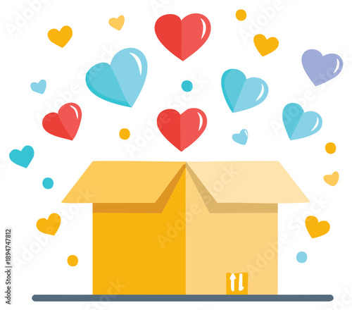 Vector illustration of a donation box with colorful hearts flying out for charity and love