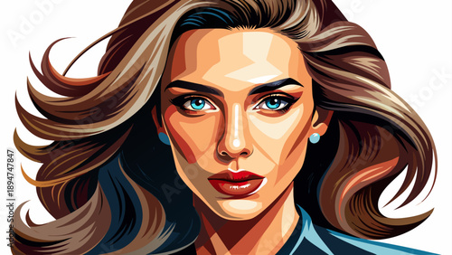 Very beautiful close-up portrait of a modern American woman with flawless makeup, radiant skin, stylish hair, and confident expression, isolated on white background, showcasing contemporary beauty and