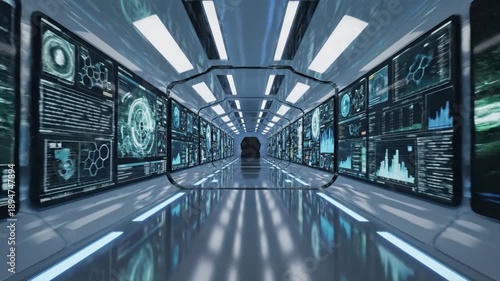 Digital Data Hub: An awe-inspiring perspective of a modern, high-tech data center, where glowing screens of data line a futuristic corridor, signifying connectivity and cutting-edge technology.