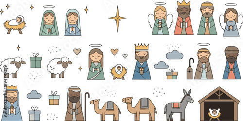 Minimal Nativity Scene Vector Set with Baby Jesus, Mary, Joseph, Wise Men, Angels, Animals, Gifts and Christmas Religious Elements