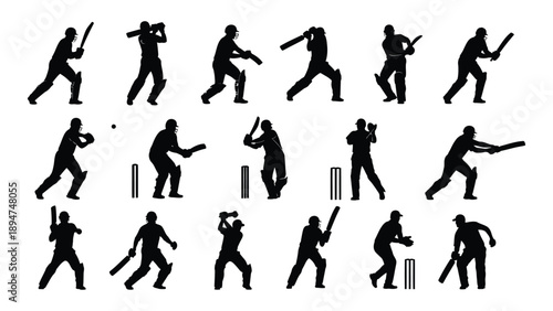 Silhouettes of cricket players in action Vector