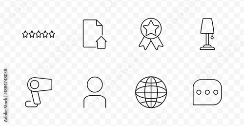 Real estate set icon. Stars, document, award ribbon, lamp, hairdryer, person, globe, chat bubble drawn with minimal thin strokes on transparent background.